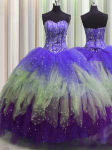 Noble Visible Boning Multi-color Lace Up 15th Birthday Dress Beading and Ruffles and Sequins Sleeveless Floor Length