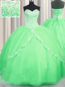 Brush Train Sweetheart Neckline Beading and Appliques Quinceanera Gowns Sleeveless Lace Up