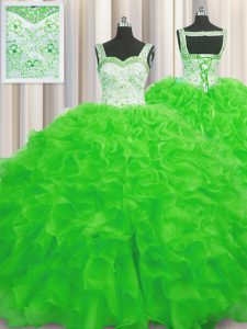 Dramatic Straps Sleeveless Organza Quinceanera Gown Beading and Ruffles Lace Up