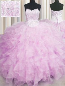 Wonderful Visible Boning Pink Organza Lace Up Scalloped Sleeveless Floor Length 15 Quinceanera Dress Beading and Ruffles