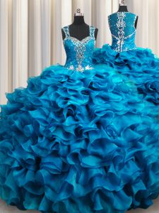 Top Selling Zipple Up See Through Back Teal Organza Zipper Quince Ball Gowns Sleeveless Floor Length Beading and Ruffles