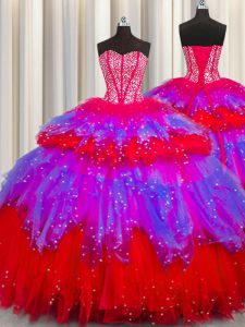 Bling-bling Visible Boning Sleeveless Floor Length Beading and Ruffles and Ruffled Layers and Sequins Lace Up Sweet 16 Quinceanera Dress with Multi-color