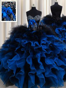 Custom Fit Sleeveless Floor Length Beading and Ruffles Lace Up Juniors Party Dress with Royal Blue