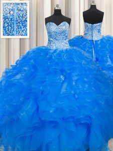 Flare Visible Boning Beaded Bodice Blue Ball Gowns Beading and Ruffles Ball Gown Prom Dress Lace Up Organza Sleeveless Floor Length
