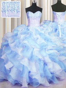 Low Price Two Tone Visible Boning Floor Length Blue And White Sweet 16 Dresses Sweetheart Sleeveless Lace Up