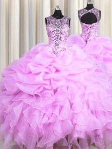 Pretty Scoop See Through Lilac Ball Gowns Beading and Ruffles and Pick Ups Sweet 16 Dresses Lace Up Organza Sleeveless Floor Length
