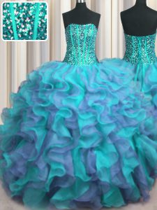 Stylish Visible Boning Beaded Bodice Multi-color Organza Lace Up Quinceanera Dress Sleeveless Floor Length Beading and Ruffles