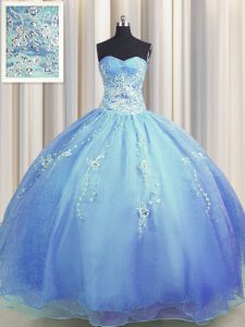 Sophisticated Zipper Up Sleeveless Floor Length Beading and Appliques Zipper 15 Quinceanera Dress with Blue
