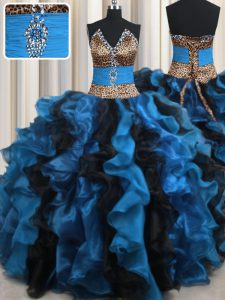 Leopard Two Tone V-neck Sleeveless 15th Birthday Dress Floor Length Beading and Ruffles Blue And Black Organza and Printed