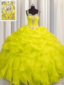 See Through Zipper Up Yellow Straps Zipper Appliques and Ruffles Quinceanera Gown Sleeveless