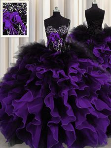 Sweetheart Sleeveless Quince Ball Gowns Floor Length Beading and Ruffles Black And Purple Organza and Tulle