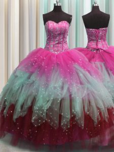Stylish Visible Boning Floor Length Lace Up 15 Quinceanera Dress Multi-color for Military Ball and Sweet 16 and Quinceanera with Beading and Ruffles and Sequins