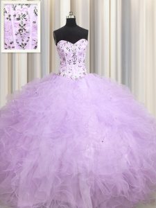 Fabulous Visible Boning Lavender Ball Gowns Sweetheart Sleeveless Tulle Floor Length Lace Up Beading and Appliques and Ruffles Quinceanera Gowns