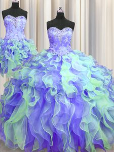 Three Piece Floor Length Multi-color Quinceanera Dress Organza Sleeveless Beading and Appliques and Ruffles