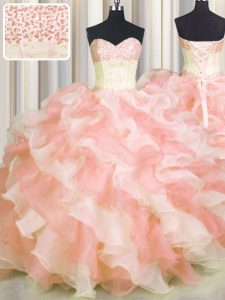 Fitting Visible Boning Two Tone Multi-color Sweetheart Lace Up Beading and Ruffles Ball Gown Prom Dress Sleeveless