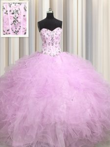 Decent Visible Boning Ball Gowns Ball Gown Prom Dress Lilac Sweetheart Tulle Sleeveless Floor Length Lace Up