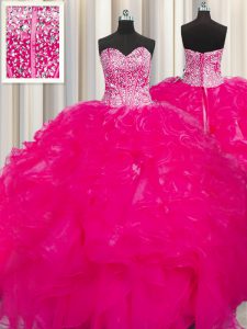 Simple Visible Boning Beaded Bodice Sleeveless Lace Up Floor Length Beading and Ruffles Quinceanera Gown