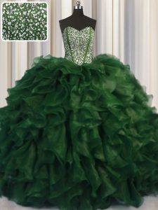 Best Selling Visible Boning Bling-bling Green Lace Up Sweetheart Beading Quinceanera Gown Organza Sleeveless Brush Train