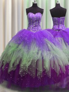 Visible Boning Multi-color Sweetheart Lace Up Beading and Ruffles and Sequins Quinceanera Gown Sleeveless