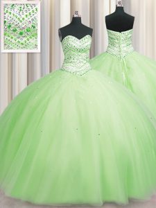 Fancy Bling-bling Big Puffy Yellow Green Tulle Lace Up Sweetheart Sleeveless Floor Length Quinceanera Dresses Beading