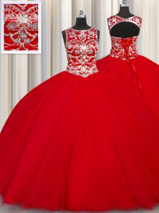 Sophisticated Red Scoop Neckline Beading 15 Quinceanera Dress Sleeveless Lace Up