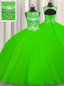 Great Ball Gowns Tulle Scoop Sleeveless Beading Floor Length Lace Up Quinceanera Gowns