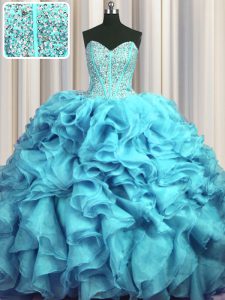Visible Boning Bling-bling Sleeveless With Train Beading and Ruffles Lace Up Sweet 16 Dress with Aqua Blue Brush Train