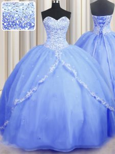 High End Sleeveless Brush Train Beading and Appliques Lace Up Quinceanera Dress