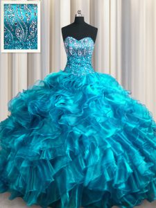 With Train Teal Quinceanera Gowns Organza Brush Train Sleeveless Beading and Ruffles