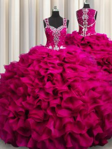 Excellent Zipple Up See Through Back Fuchsia Quinceanera Dress Military Ball and Sweet 16 and Quinceanera and For with Beading and Ruffles Straps Sleeveless Zipper