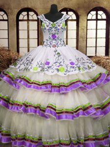 Organza V-neck Sleeveless Lace Up Embroidery and Ruffled Layers Sweet 16 Quinceanera Dress in Multi-color
