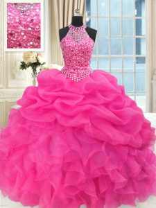New Style See Through Beaded Bodice Hot Pink Ball Gowns Beading and Ruffles and Pick Ups Quinceanera Dresses Lace Up Organza Sleeveless Floor Length