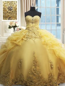 Chic Sleeveless Organza Floor Length Lace Up Sweet 16 Dresses in Gold with Beading and Appliques and Ruffles
