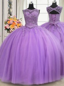 Attractive See Through Lavender Sleeveless Tulle Lace Up Sweet 16 Quinceanera Dress for Military Ball and Sweet 16 and Quinceanera