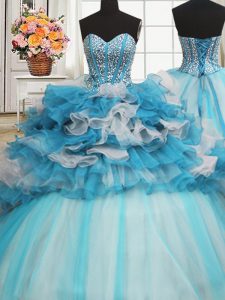 Visible Boning Beaded Bodice Tulle Sleeveless Floor Length Sweet 16 Dress and Beading and Ruffled Layers