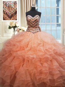 Beaded Bodice Watermelon Red and Peach Quince Ball Gowns Military Ball and Sweet 16 and Quinceanera and For with Beading and Ruffles Sweetheart Sleeveless Lace Up