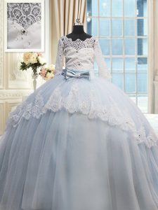 Scalloped Light Blue Tulle Lace Up Sweet 16 Dresses Half Sleeves Brush Train Beading and Lace and Bowknot