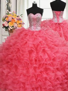 Beaded Bodice Coral Red Sweetheart Neckline Beading and Ruffles Ball Gown Prom Dress Sleeveless Lace Up