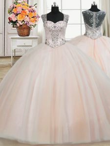 See Through Back Zipper Up Straps Peach Cap Sleeves Tulle Zipper 15 Quinceanera Dress for Military Ball and Sweet 16 and Quinceanera