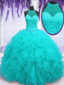 Artistic Aqua Blue Lace Up Sweet 16 Dress Beading and Ruffles Sleeveless Floor Length