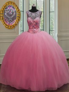 Elegant Floor Length Rose Pink Ball Gown Prom Dress Scoop Sleeveless Lace Up