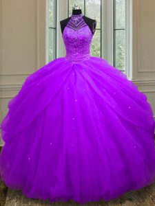 Chic Halter Top Beading and Sequins Sweet 16 Quinceanera Dress Purple Lace Up Sleeveless Floor Length