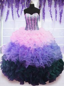 Multi-color Ball Gowns Organza Sweetheart Sleeveless Beading and Ruffles and Ruffled Layers Floor Length Lace Up Quinceanera Dresses