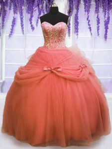 Enchanting Watermelon Red Sweet 16 Dresses Military Ball and Sweet 16 and Quinceanera and For with Beading and Bowknot Sweetheart Sleeveless Lace Up