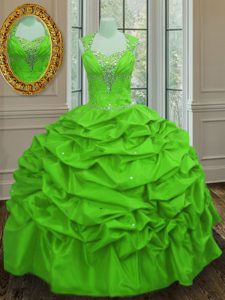 Low Price Lace Up Straps Beading and Pick Ups Sweet 16 Quinceanera Dress Taffeta Cap Sleeves