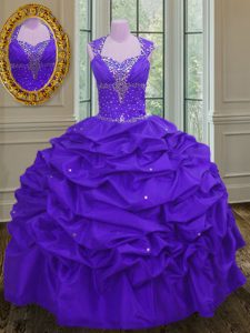Latest Straps Floor Length Lace Up Quince Ball Gowns Eggplant Purple for Military Ball and Sweet 16 and Quinceanera with Beading and Pick Ups
