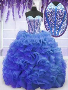 Royal Blue Ball Gowns Beading and Ruffles Court Dresses for Sweet 16 Lace Up Organza Sleeveless