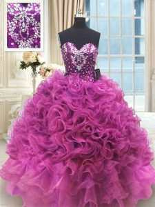 Fuchsia Ball Gowns Sweetheart Sleeveless Organza Floor Length Lace Up Beading and Ruffles Vestidos de Quinceanera