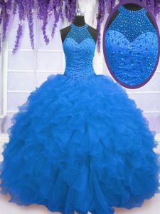 Inexpensive Blue Sleeveless Floor Length Beading and Ruffles Zipper Quinceanera Gown