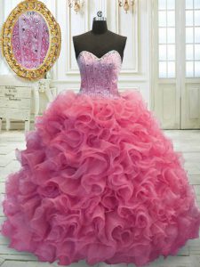 Mini Length Rose Pink Ball Gown Prom Dress Sweetheart Sleeveless Sweep Train Lace Up